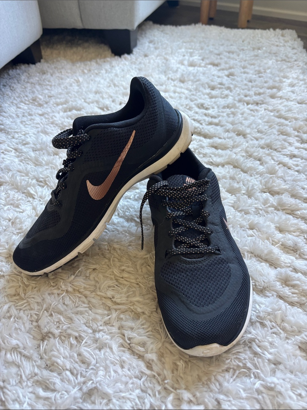 Nike Women's Black Athletic Sneakers with Rose Gold Swoosh